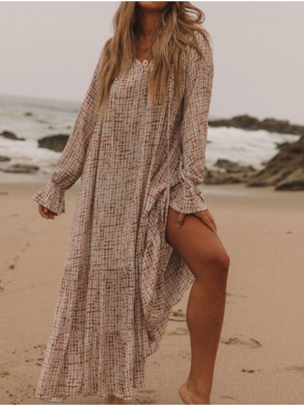 Vici Taupe Plaid Long Sleeve Maxi Dress
